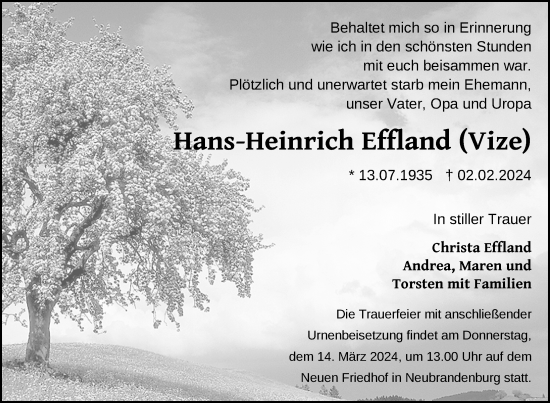 Traueranzeige von Hans-Heinrich Effland von Nordkurier Neubrandenburger Zeitung