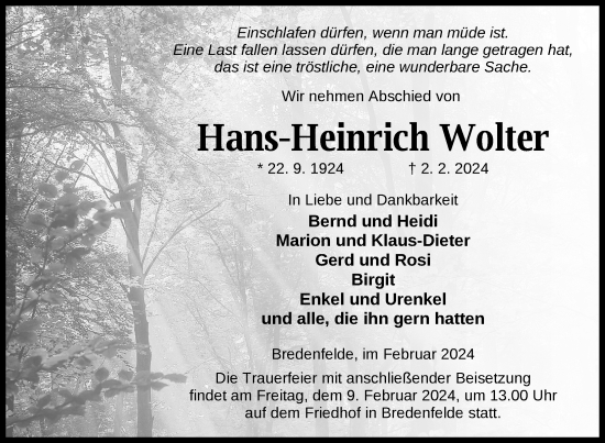 Traueranzeige von Hans-Heinrich Wolter von Nordkurier Mecklenburger Schweiz