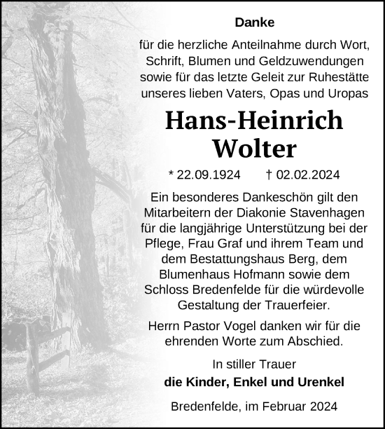 Traueranzeige von Hans-Heinrich Wolter von Nordkurier Mecklenburger Schweiz
