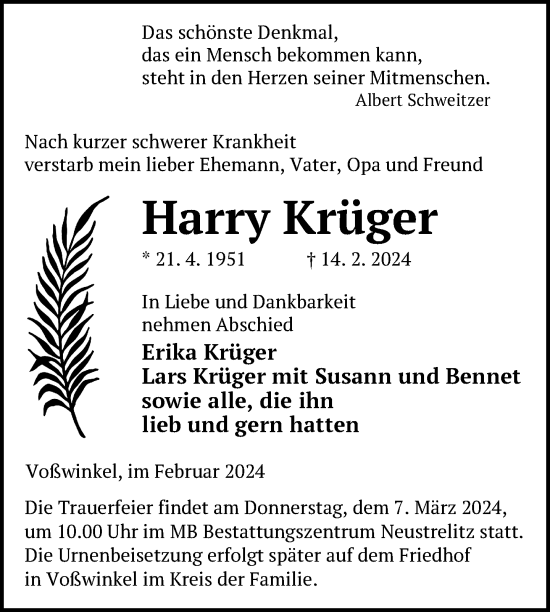 Traueranzeige von Harry Krüger von Nordkurier Strelitzer Zeitung