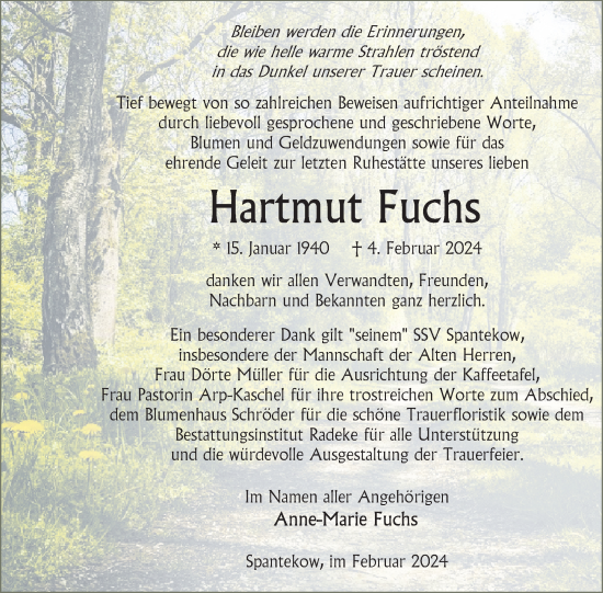 Traueranzeige von Hartmut Fuchs von Nordkurier Vorpommern Kurier