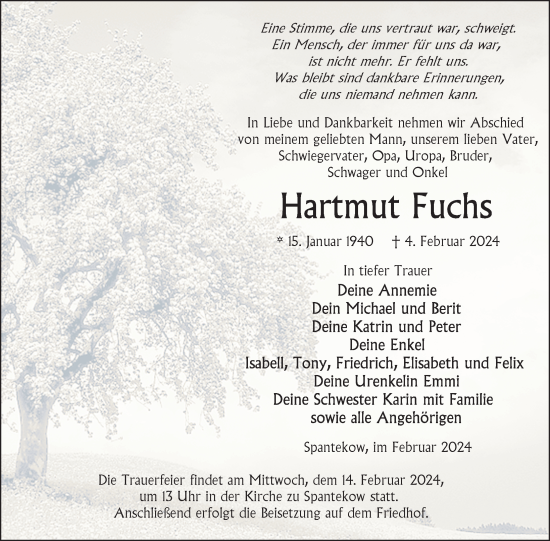 Traueranzeige von Hartmut Fuchs von Nordkurier Vorpommern Kurier
