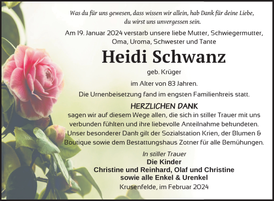 Traueranzeige von Heidi Schwanz von Nordkurier Vorpommern Kurier