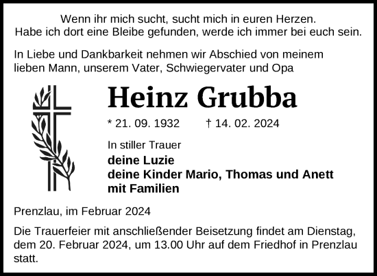 Traueranzeige von Heinz Grubba von Uckermark Kurier Prenzlauer Zeitung