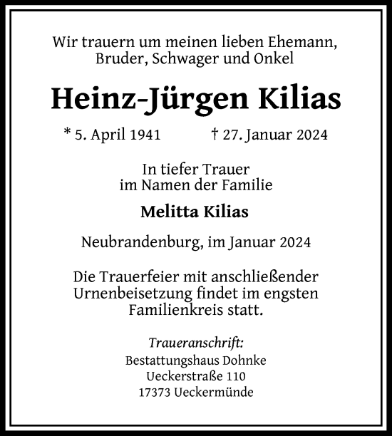 Traueranzeige von Heinz-Jürgen Kilias von Nordkurier Neubrandenburger Zeitung