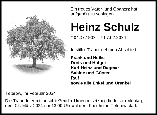 Traueranzeige von Heinz Schulz von Nordkurier Mecklenburger Schweiz