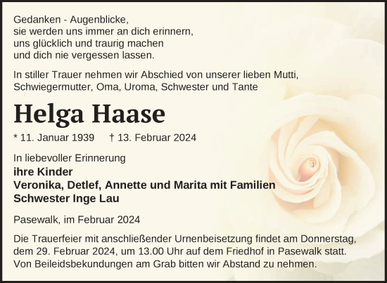 Traueranzeige von Helga Haase von Nordkurier Pasewalker Zeitung