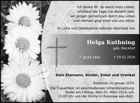 Traueranzeige von Helga Kuthning von Nordkurier Neubrandenburger Zeitung