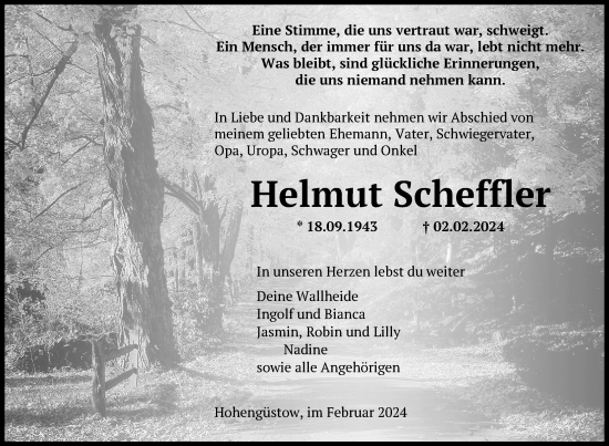 Traueranzeige von Helmut Scheffler von Uckermark Kurier Prenzlauer Zeitung