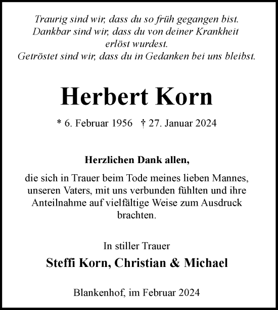 Traueranzeige von Herbert Korn von Nordkurier Neubrandenburger Zeitung