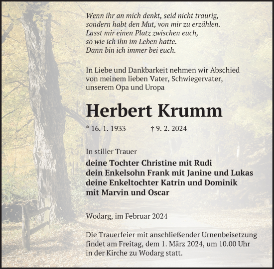 Traueranzeige von Herbert Krumm von Nordkurier Neubrandenburger Zeitung