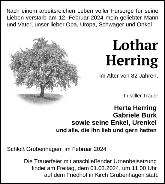 Traueranzeige von Lothar Herring von Nordkurier Müritz-Zeitung