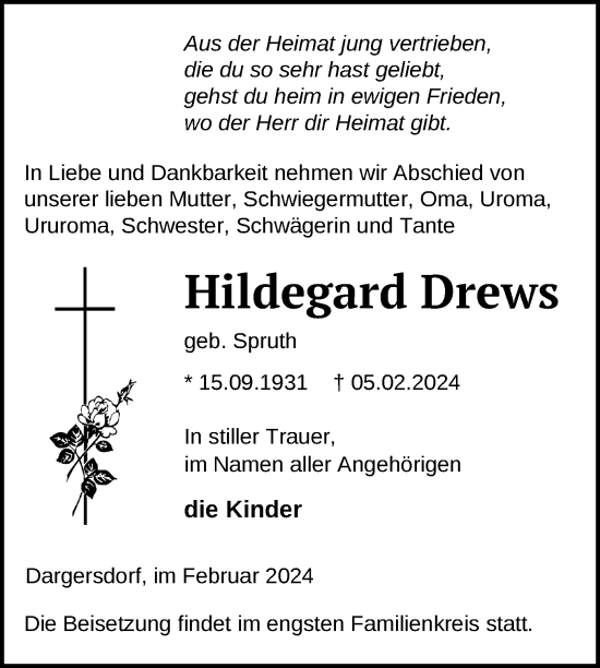 Traueranzeige von Hildegard Drews von Uckermark Kurier Templiner Zeitung