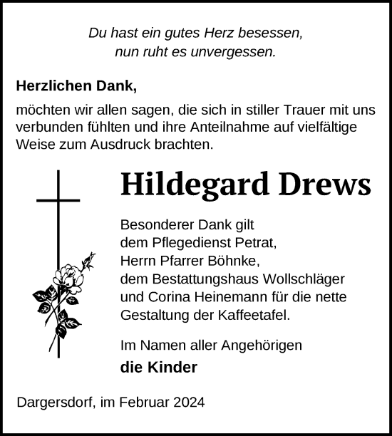 Traueranzeige von Hildegard Drews von Uckermark Kurier Templiner Zeitung
