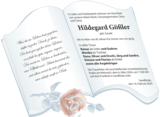 Traueranzeige von Hildegard Gößler von Nordkurier Pasewalker Zeitung