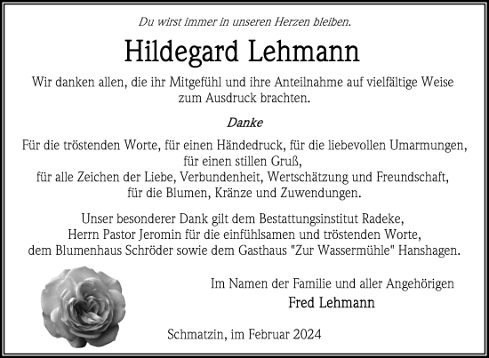 Traueranzeige von Hildegard Lehmann von Nordkurier Vorpommern Kurier
