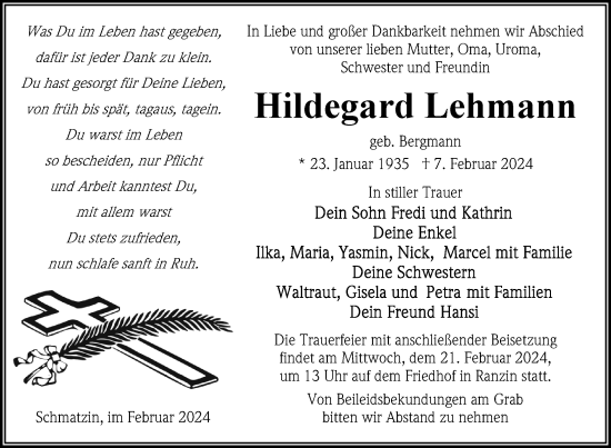 Traueranzeige von Hildegard Lehmann von Nordkurier Vorpommern Kurier