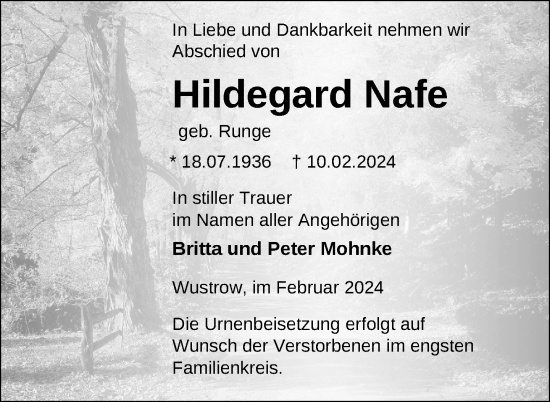 Traueranzeige von Hildegard Nafe von Nordkurier Strelitzer Zeitung