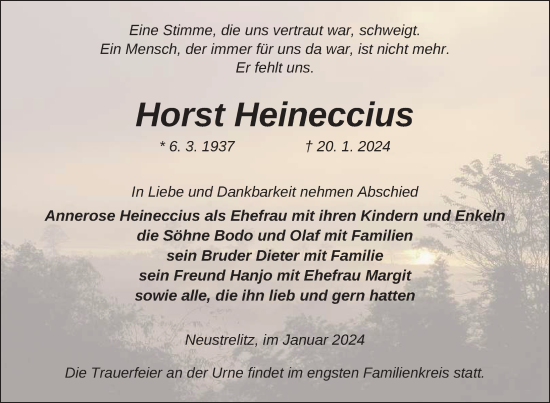 Traueranzeige von Horst Heineccius von Nordkurier Strelitzer Zeitung
