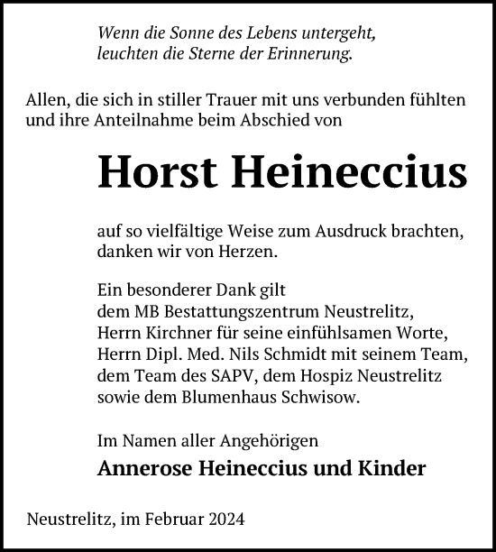 Traueranzeige von Horst Heineccius von Nordkurier Strelitzer Zeitung