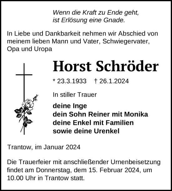 Traueranzeige von Horst Schröder von Nordkurier Vorpommern Kurier