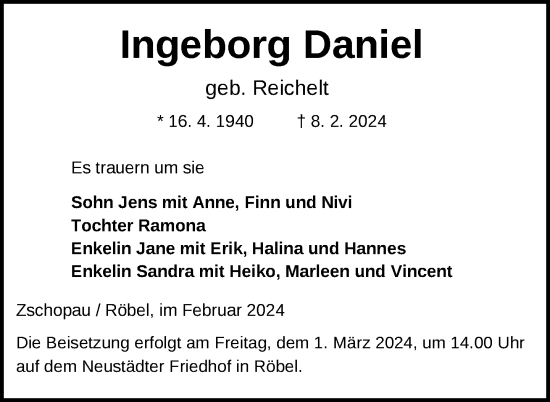 Traueranzeige von Ingeborg Daniel von Nordkurier Müritz-Zeitung