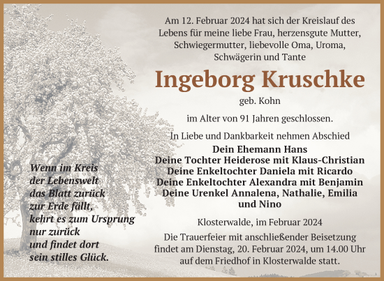 Traueranzeige von Ingeburg Kruschke von Uckermark Kurier Templiner Zeitung