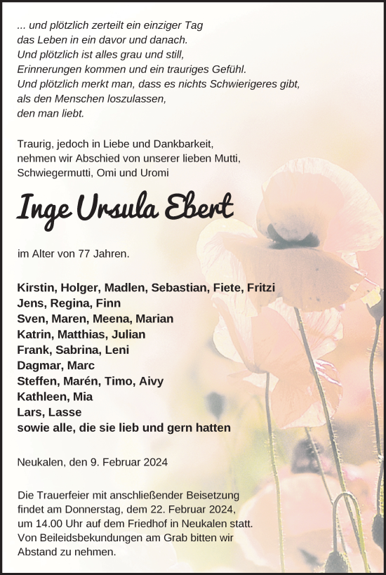 Traueranzeige von Inge Ursula Ebert von Nordkurier Mecklenburger Schweiz