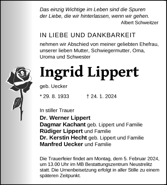 Traueranzeige von Ingrid Lippert von Nordkurier Neubrandenburger Zeitung
