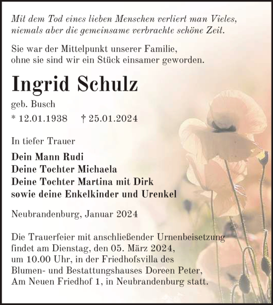 Traueranzeige von Ingrid Schulz von Nordkurier Neubrandenburger Zeitung