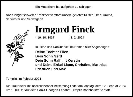 Traueranzeige von Irmgard Finck von Uckermark Kurier Templiner Zeitung