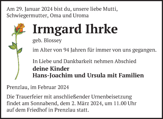 Traueranzeige von Irmgard Ihrke von Uckermark Kurier Prenzlauer Zeitung