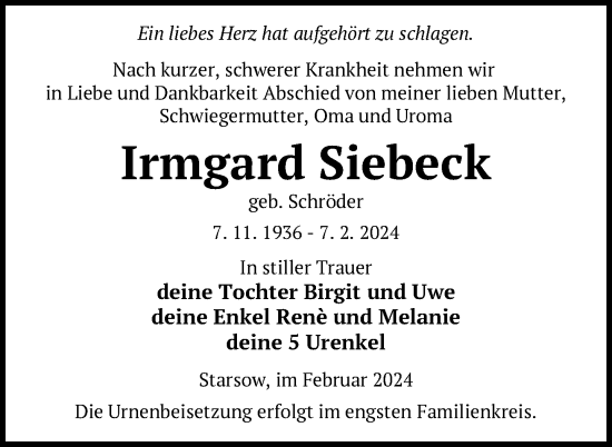 Traueranzeige von Irmgard Siebeck von Nordkurier Strelitzer Zeitung