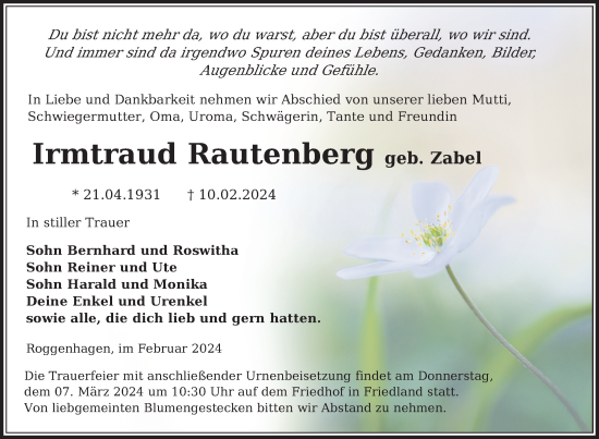 Traueranzeige von Irmtraud Rautenberg von Nordkurier Neubrandenburger Zeitung