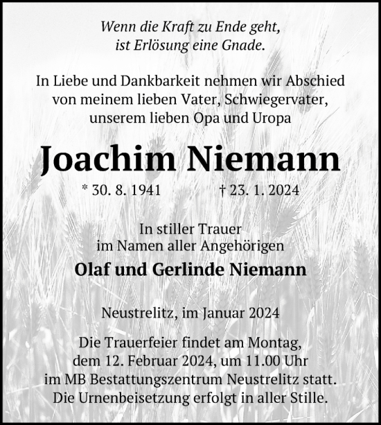 Traueranzeige von Joachim Niemann von Nordkurier Strelitzer Zeitung