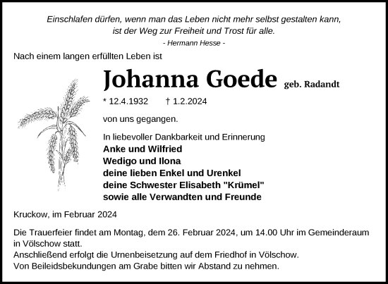 Traueranzeige von Johanna Goede von Nordkurier Vorpommern Kurier