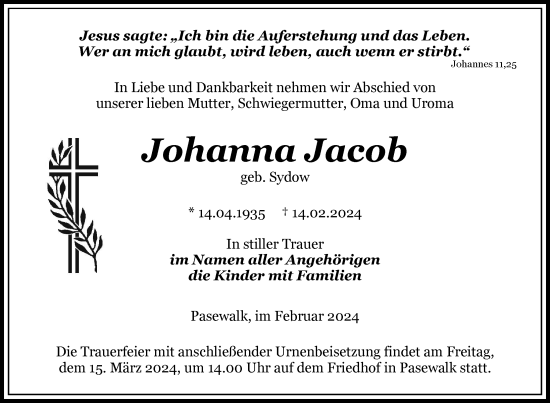 Traueranzeige von Johanna Jacob von Nordkurier Pasewalker Zeitung