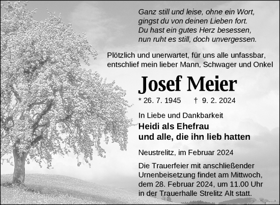 Traueranzeige von Josef Meier von Nordkurier Strelitzer Zeitung