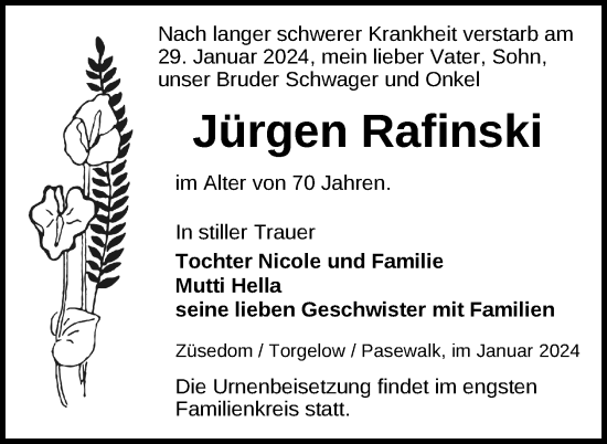 Traueranzeige von Jürgen Rafinski von Nordkurier Pasewalker Zeitung