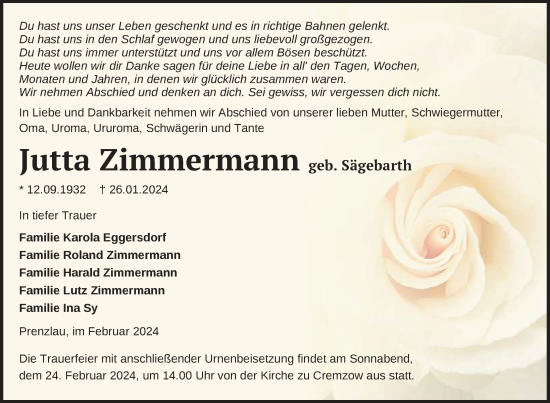 Traueranzeige von Jutta Zimmermann von Uckermark Kurier Prenzlauer Zeitung