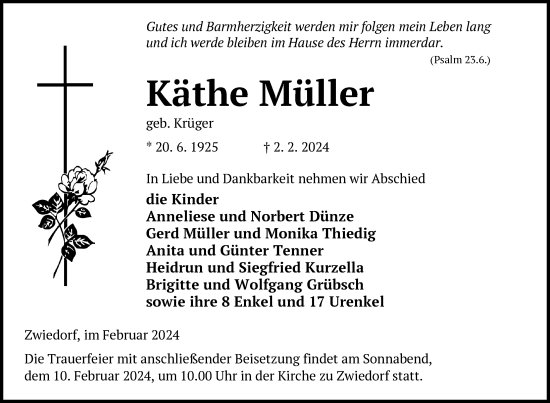 Traueranzeige von Käthe Müller von Nordkurier Neubrandenburger Zeitung