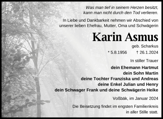 Traueranzeige von Karin Asmus von Nordkurier Vorpommern Kurier