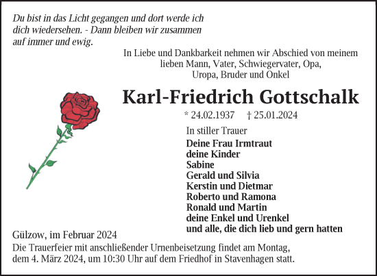 Traueranzeige von Karl-Friedrich Gottschalk von Nordkurier Mecklenburger Schweiz