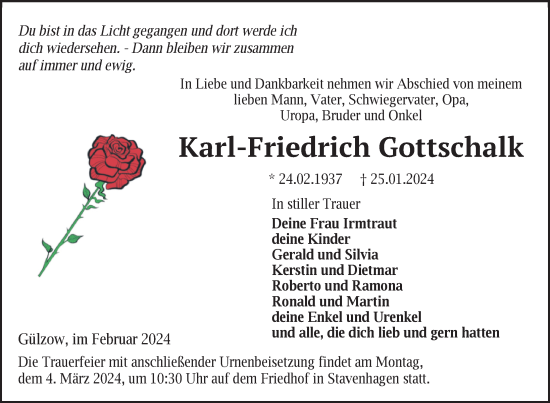 Traueranzeige von Karl-Friedrich Gottschalk von Nordkurier Mecklenburger Schweiz
