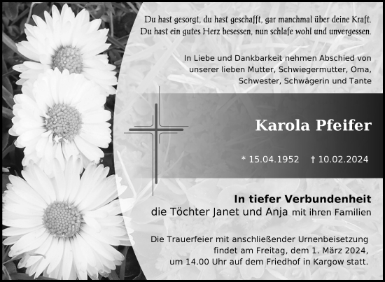 Traueranzeige von Karola Pfeifer von Nordkurier Müritz-Zeitung