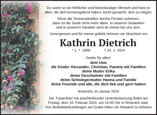 Traueranzeige von Kathrin Dietrich von Nordkurier Demminer Zeitung