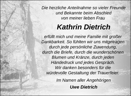 Traueranzeige von Kathrin Dietrich von Nordkurier Demminer Zeitung