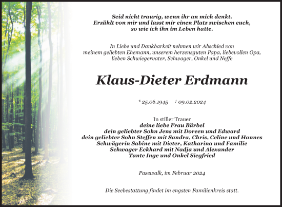 Traueranzeige von Klaus-Dieter Erdmann von Nordkurier Pasewalker Zeitung