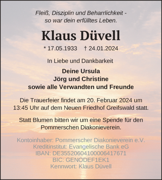 Traueranzeige von Klaus Düvell von Nordkurier Haff-Zeitung