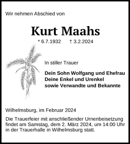 Traueranzeige von Kurt Maahs von Nordkurier Haff-Zeitung